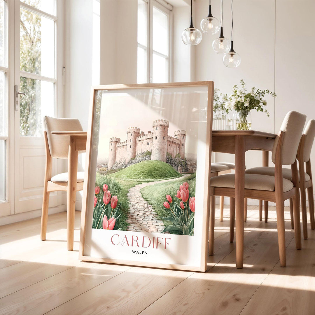 Cardiff Castle Travel Print, Pastel Pink & Beige Watercolour Wall Art, Wales City Poster, Welsh Landscape Home Decor Wall Hanging