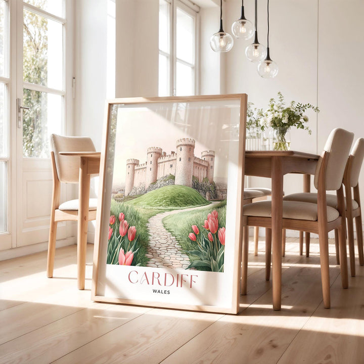 Cardiff Castle Travel Print, Pastel Pink & Beige Watercolour Wall Art, Wales City Poster, Welsh Landscape Home Decor Wall Hanging