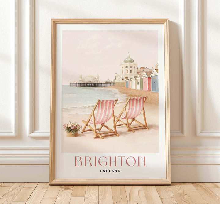 Brighton Pier Travel Art Print, Pastel Beige & Pink Watercolour UK Coastal Poster, England Seaside Illustration, Elegant Home Décor Wall Art