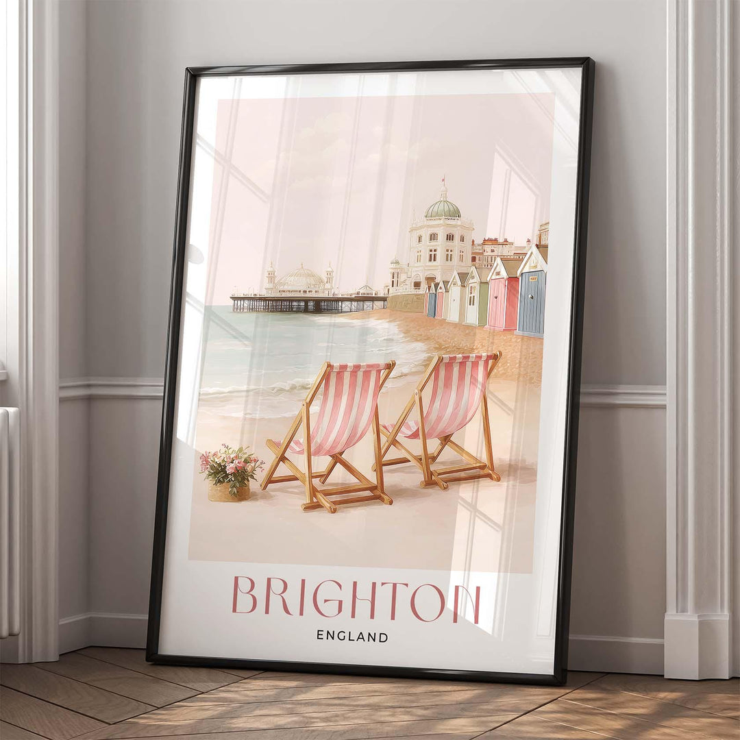 Brighton Pier Travel Art Print, Pastel Beige & Pink Watercolour UK Coastal Poster, England Seaside Illustration, Elegant Home Décor Wall Art
