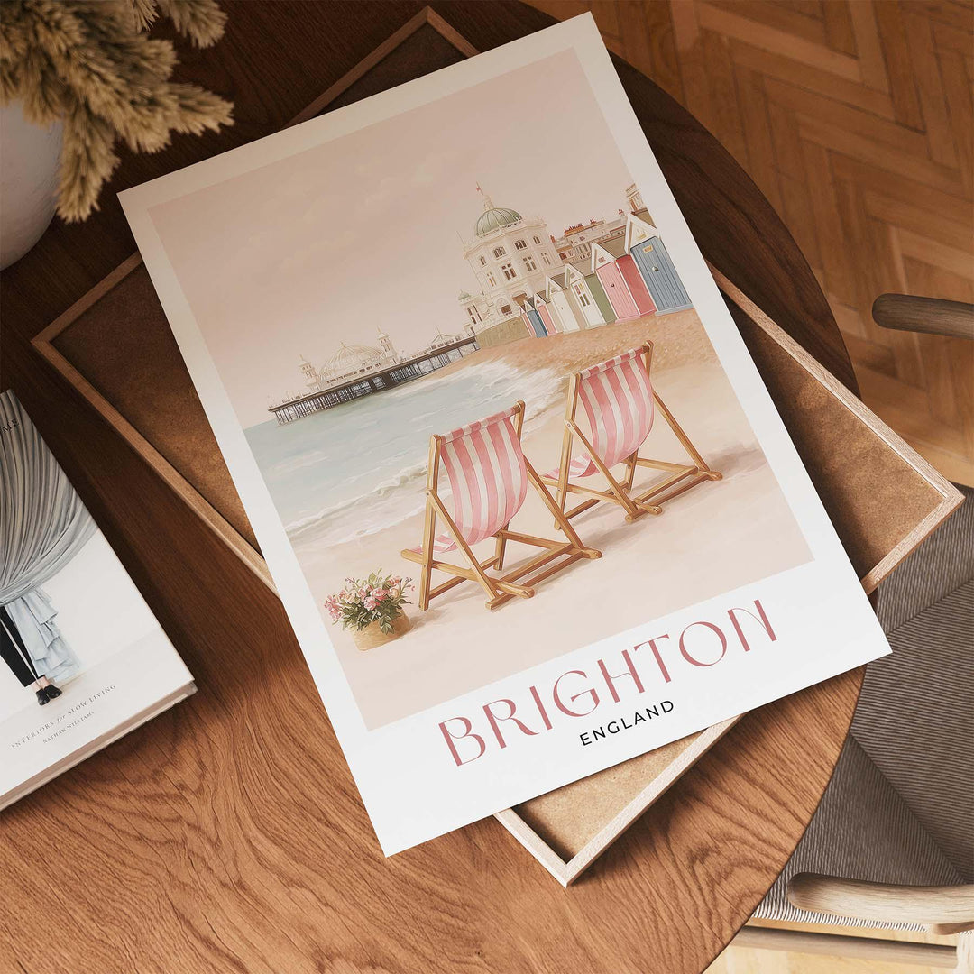 Brighton Pier Travel Art Print, Pastel Beige & Pink Watercolour UK Coastal Poster, England Seaside Illustration, Elegant Home Décor Wall Art