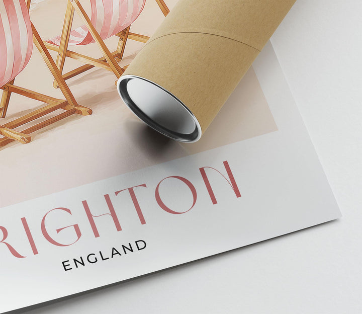 Brighton Pier Travel Art Print, Pastel Beige & Pink Watercolour UK Coastal Poster, England Seaside Illustration, Elegant Home Décor Wall Art