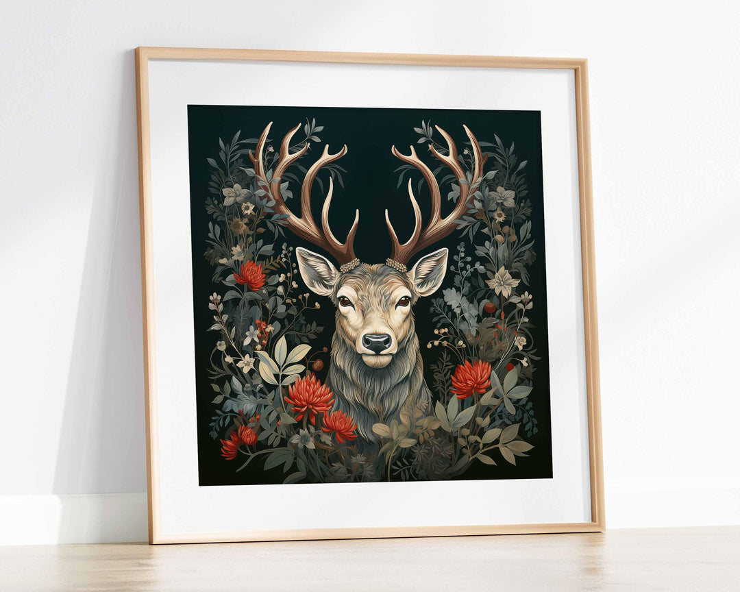 Majestic Festive Stag Print, Dark Floral Nature Wall Art, William Morris Inspired Christmas Decor, Elegant Holiday Animal Poster