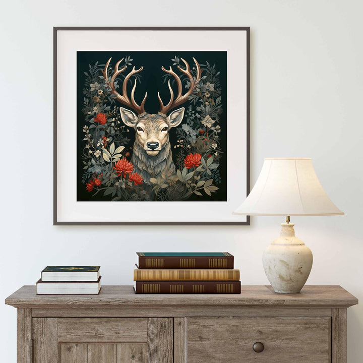 Majestic Festive Stag Print, Dark Floral Nature Wall Art, William Morris Inspired Christmas Decor, Elegant Holiday Animal Poster
