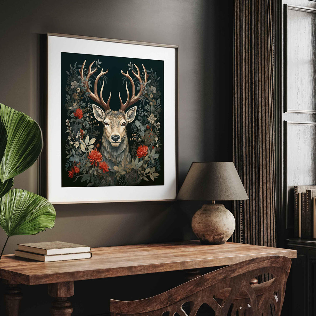 Majestic Festive Stag Print, Dark Floral Nature Wall Art, William Morris Inspired Christmas Decor, Elegant Holiday Animal Poster