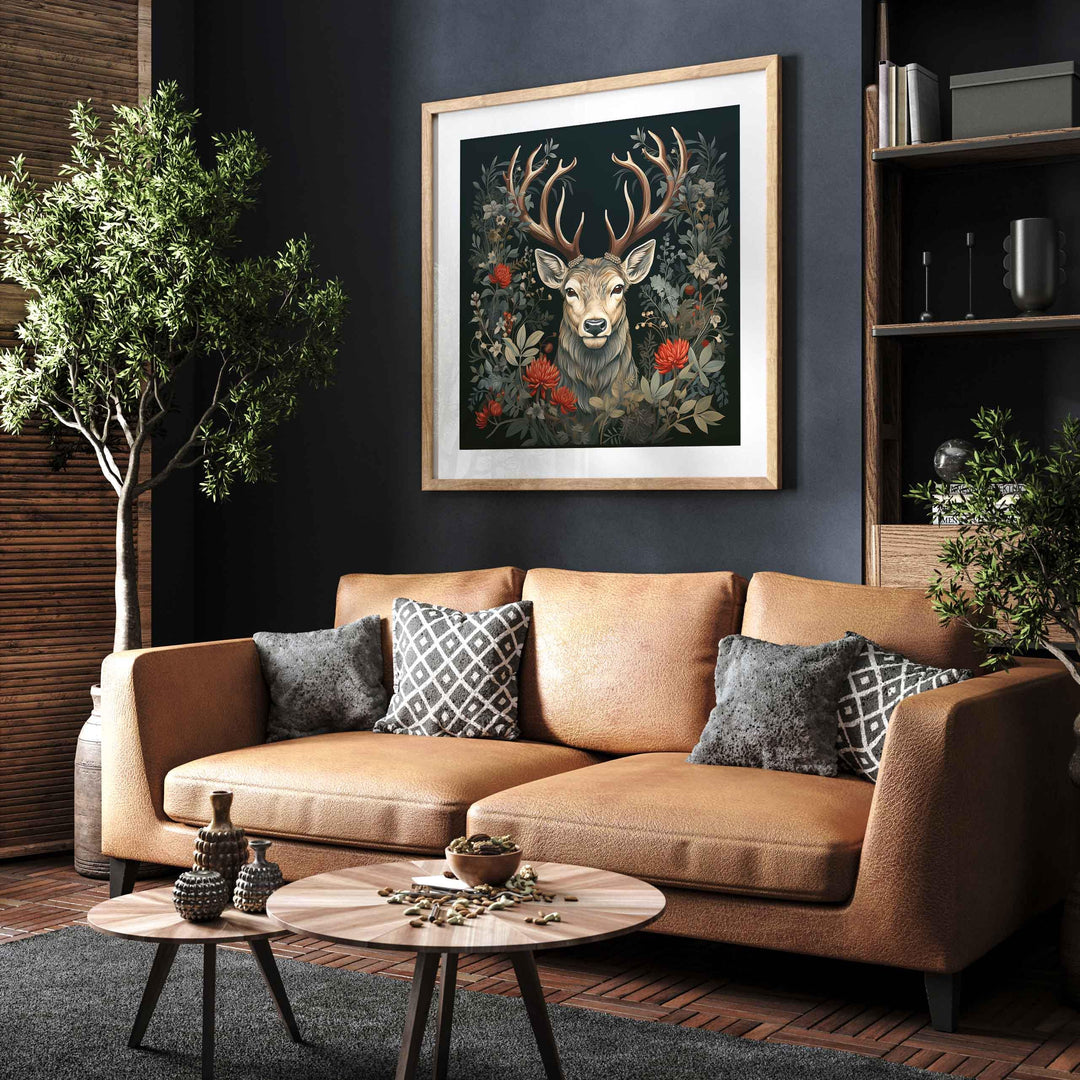 Majestic Festive Stag Print, Dark Floral Nature Wall Art, William Morris Inspired Christmas Decor, Elegant Holiday Animal Poster