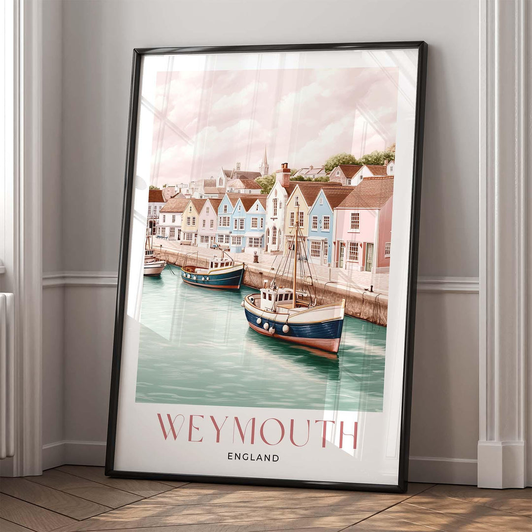 Weymouth Travel Art Print, Dorset Jurassic Coast Watercolour Wall Art, Pastel Seaside Coastal Poster, Harbour & Fishing Boat Home Decor Gift