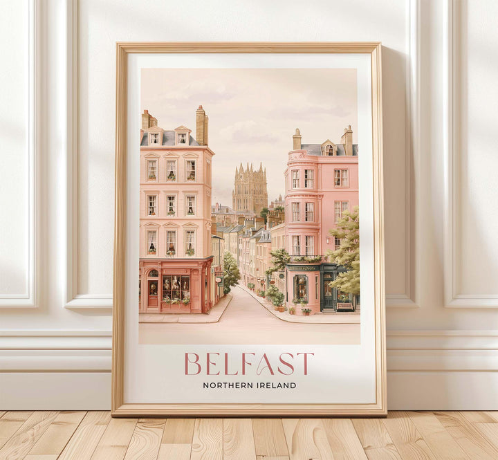 Belfast Travel Print, Pastel Beige & Pink Watercolour Wall Art, Northern Ireland City Poster, Art Lovers Travel Memory Gift, UK Home Décor
