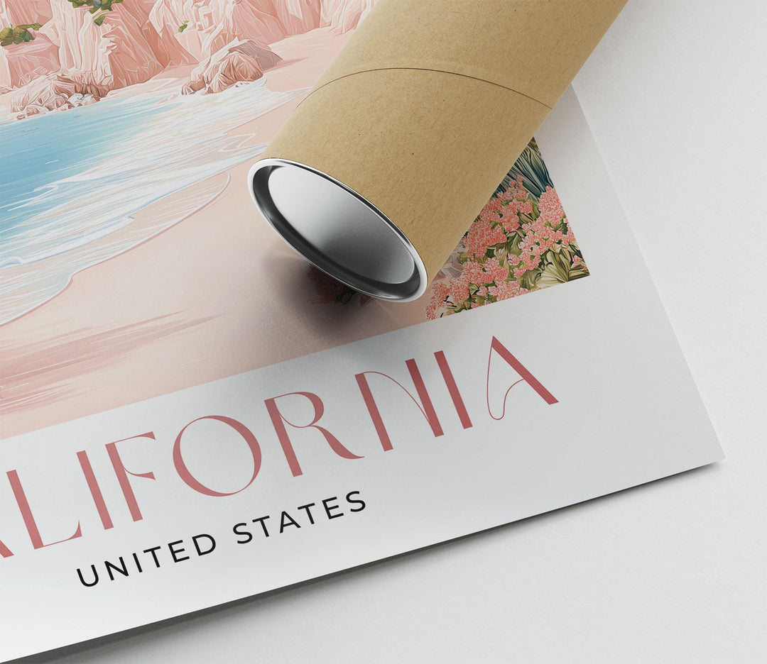 California Travel Art Print, Pastel Beige & Pink Watercolour Wall Art, USA Coastal Poster, Hollywood Beach Illustration, West Coast Decor