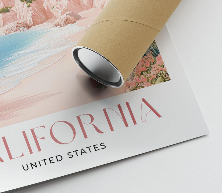 California Travel Art Print, Pastel Beige & Pink Watercolour Wall Art, USA Coastal Poster, Hollywood Beach Illustration, West Coast Decor