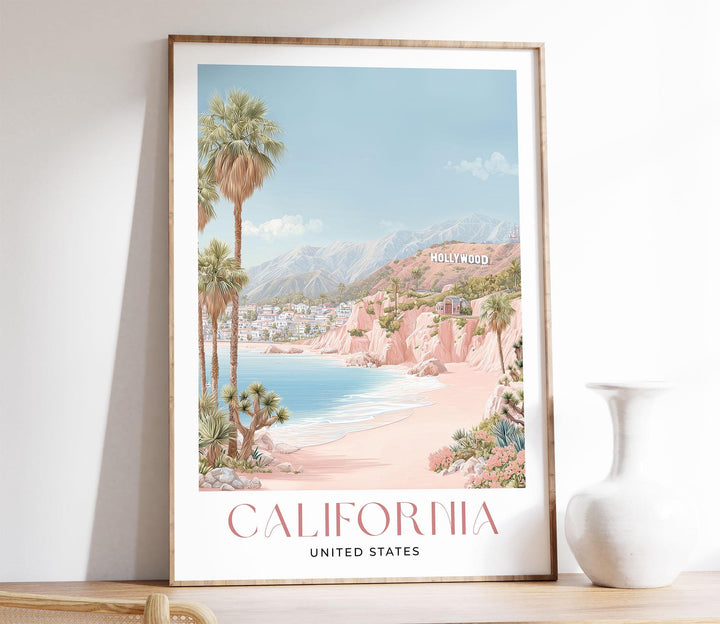 California Travel Art Print, Pastel Beige & Pink Watercolour Wall Art, USA Coastal Poster, Hollywood Beach Illustration, West Coast Decor