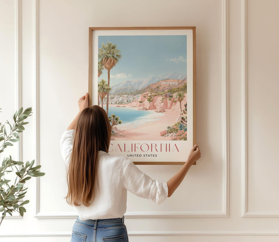 California Travel Art Print, Pastel Beige & Pink Watercolour Wall Art, USA Coastal Poster, Hollywood Beach Illustration, West Coast Decor