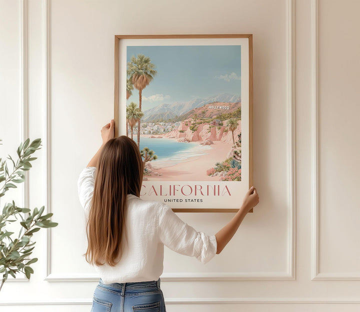 California Travel Art Print, Pastel Beige & Pink Watercolour Wall Art, USA Coastal Poster, Hollywood Beach Illustration, West Coast Decor