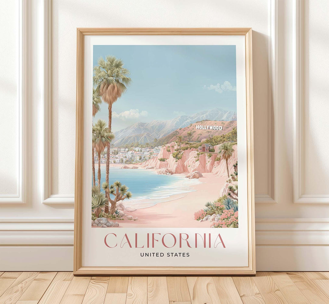 California Travel Art Print, Pastel Beige & Pink Watercolour Wall Art, USA Coastal Poster, Hollywood Beach Illustration, West Coast Decor