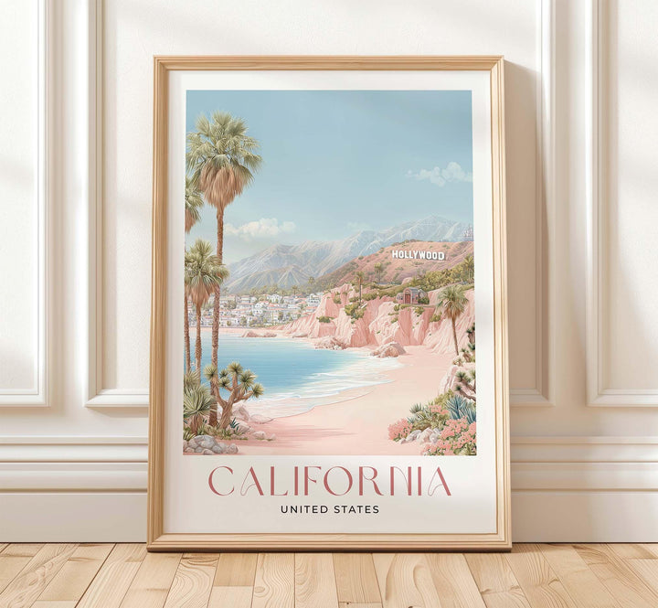 California Travel Art Print, Pastel Beige & Pink Watercolour Wall Art, USA Coastal Poster, Hollywood Beach Illustration, West Coast Decor