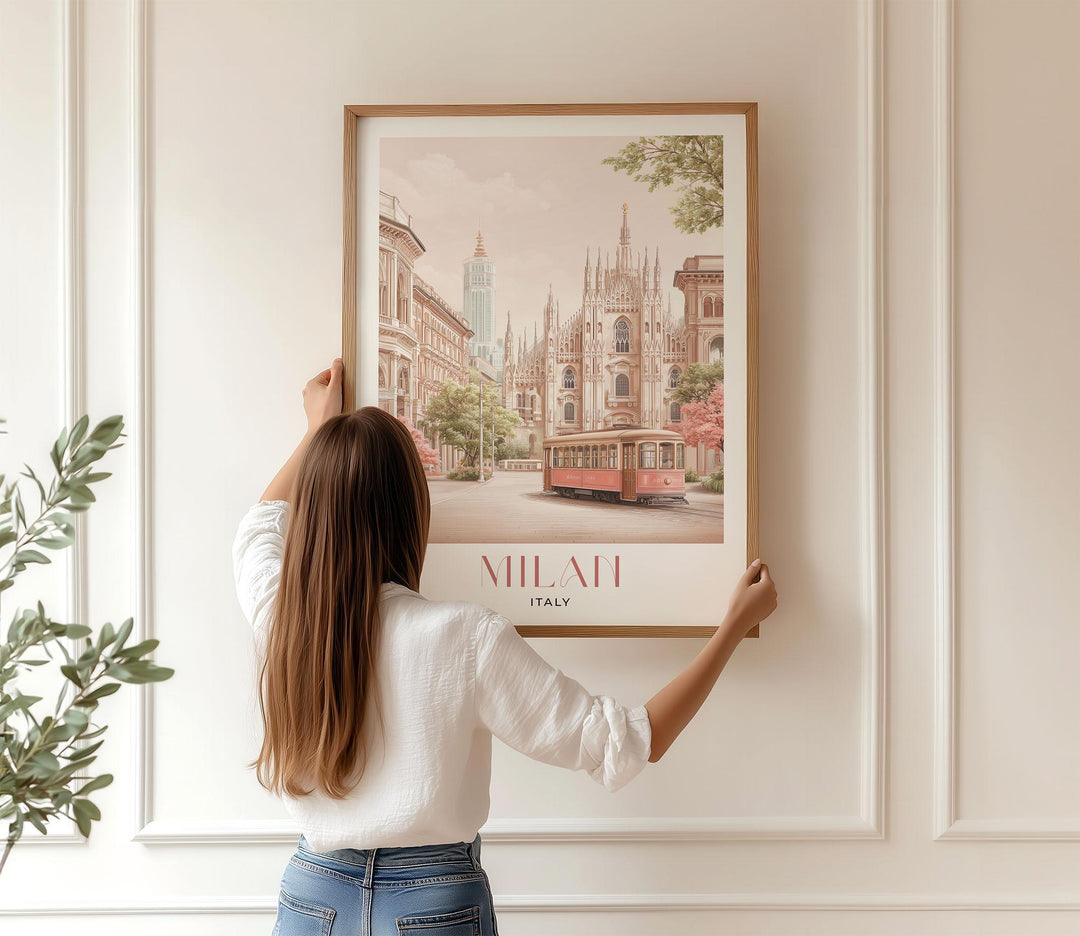 Milan Travel Print, Italy City Poster, Duomo di Milano & Galleria Illustration, Elegant Italian Home Decor, Pastel Pink Watercolour Wall Art