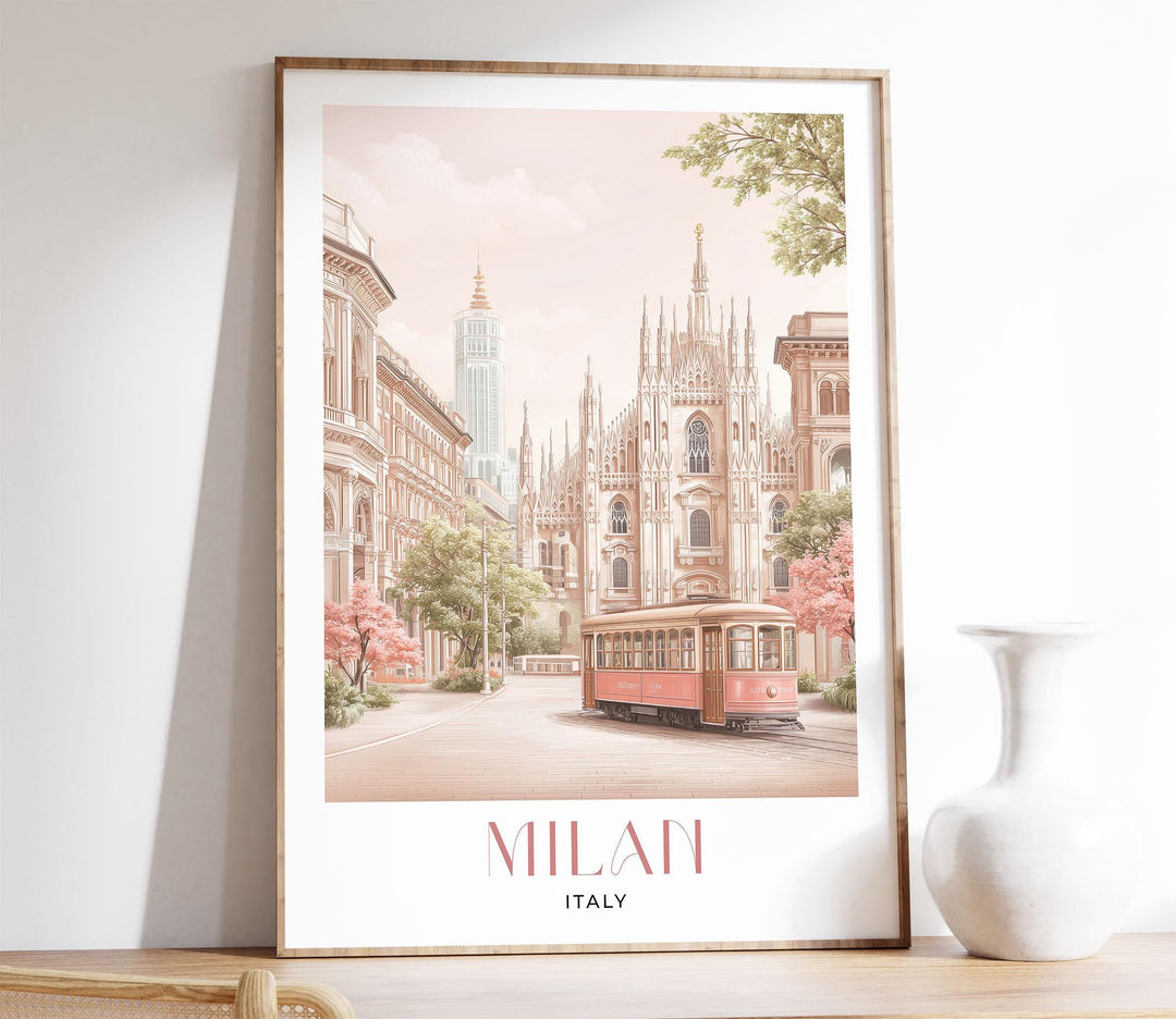 Milan Travel Print, Italy City Poster, Duomo di Milano & Galleria Illustration, Elegant Italian Home Decor, Pastel Pink Watercolour Wall Art