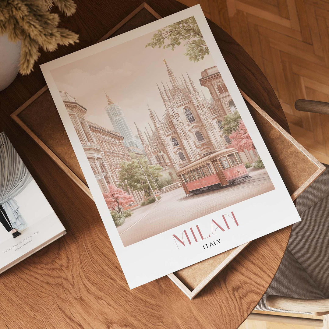 Milan Travel Print, Italy City Poster, Duomo di Milano & Galleria Illustration, Elegant Italian Home Decor, Pastel Pink Watercolour Wall Art