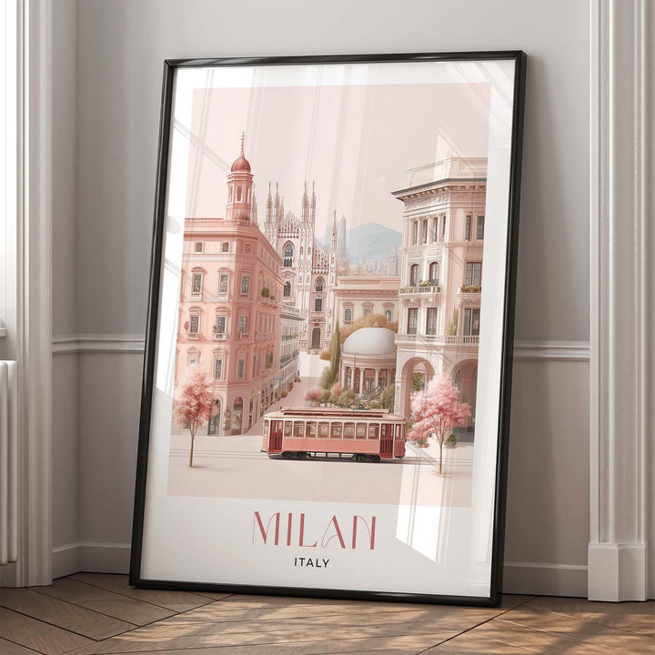 Milan Travel Print, Italy City Poster, European Print Travel Gifts For Women, Elegant Italian Home Decor, Pastel Pink Watercolour Wall Art