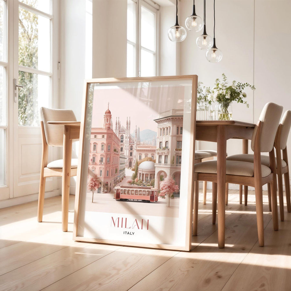 Milan Travel Print, Italy City Poster, European Print Travel Gifts For Women, Elegant Italian Home Decor, Pastel Pink Watercolour Wall Art