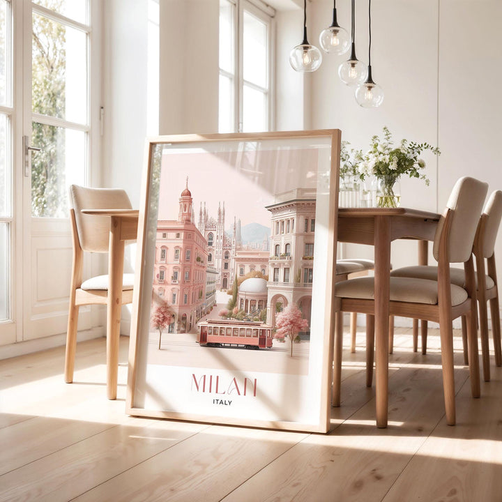Milan Travel Print, Italy City Poster, European Print Travel Gifts For Women, Elegant Italian Home Decor, Pastel Pink Watercolour Wall Art