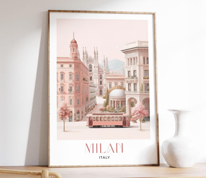 Milan Travel Print, Italy City Poster, European Print Travel Gifts For Women, Elegant Italian Home Decor, Pastel Pink Watercolour Wall Art