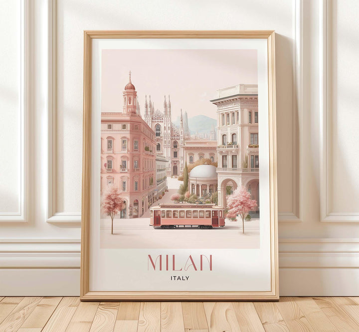 Milan Travel Print, Italy City Poster, European Print Travel Gifts For Women, Elegant Italian Home Decor, Pastel Pink Watercolour Wall Art