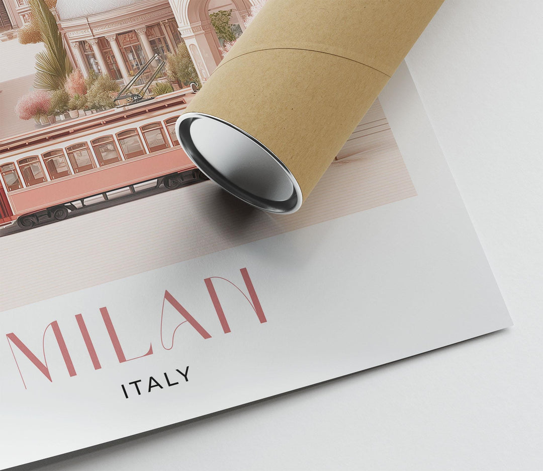 Milan Travel Print, Italy City Poster, European Print Travel Gifts For Women, Elegant Italian Home Decor, Pastel Pink Watercolour Wall Art