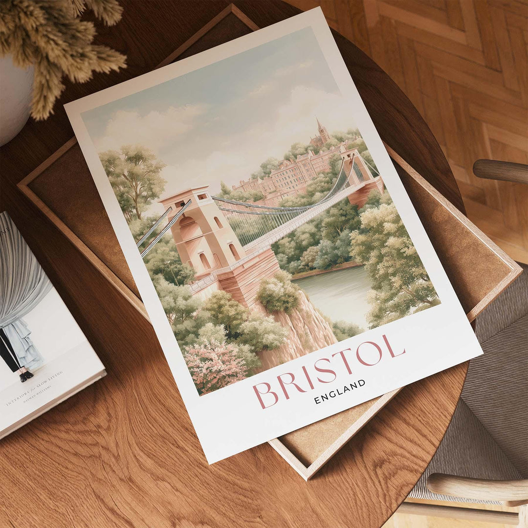 Bristol Travel Print, England Cityscape Poster, Clifton Suspension Bridge Illustration, Pastel Watercolour Wall Art, Elegant Home Décor