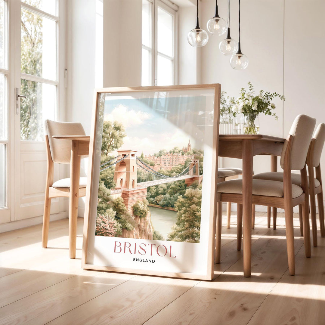 Bristol Travel Print, England Cityscape Poster, Clifton Suspension Bridge Illustration, Pastel Watercolour Wall Art, Elegant Home Décor