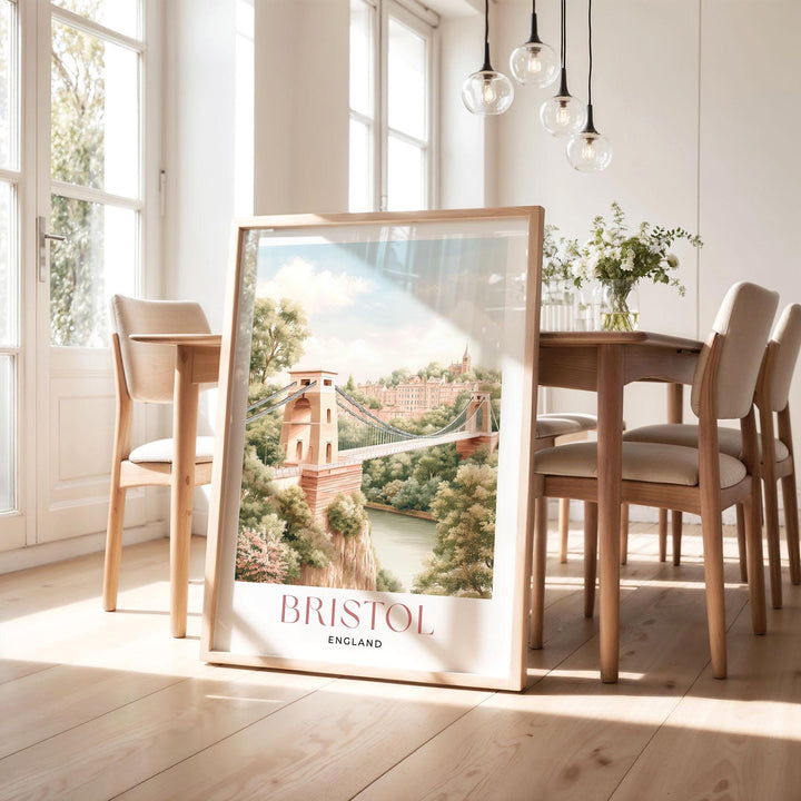 Bristol Travel Print, England Cityscape Poster, Clifton Suspension Bridge Illustration, Pastel Watercolour Wall Art, Elegant Home Décor