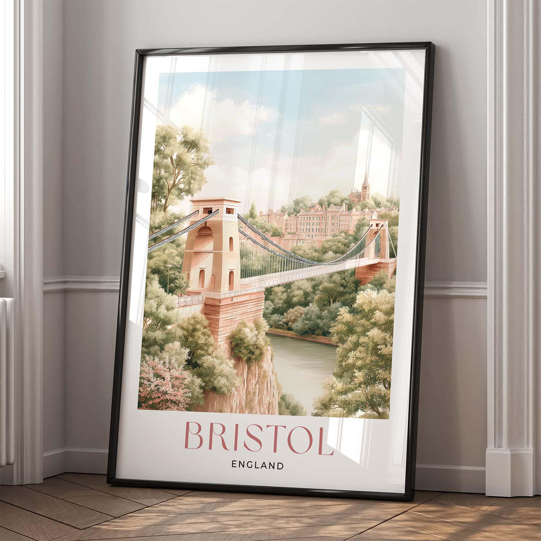 Bristol Travel Print, England Cityscape Poster, Clifton Suspension Bridge Illustration, Pastel Watercolour Wall Art, Elegant Home Décor