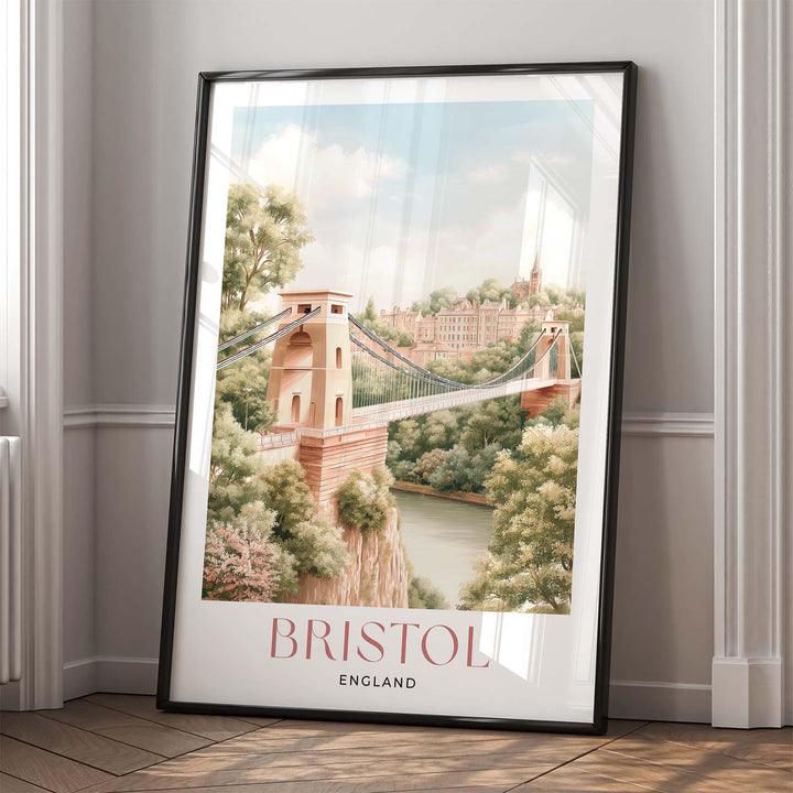 Bristol Travel Print, England Cityscape Poster, Clifton Suspension Bridge Illustration, Pastel Watercolour Wall Art, Elegant Home Décor