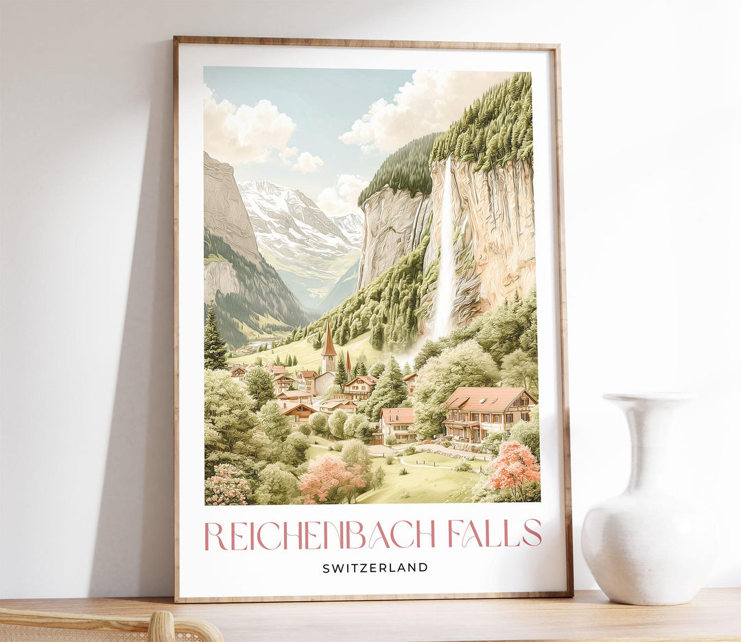 Reichenbach Falls Travel Print, Switzerland Poster, Sherlock Holmes Inspired Alpine Art Lovers Gift, Pastel Watercolour Wall Art