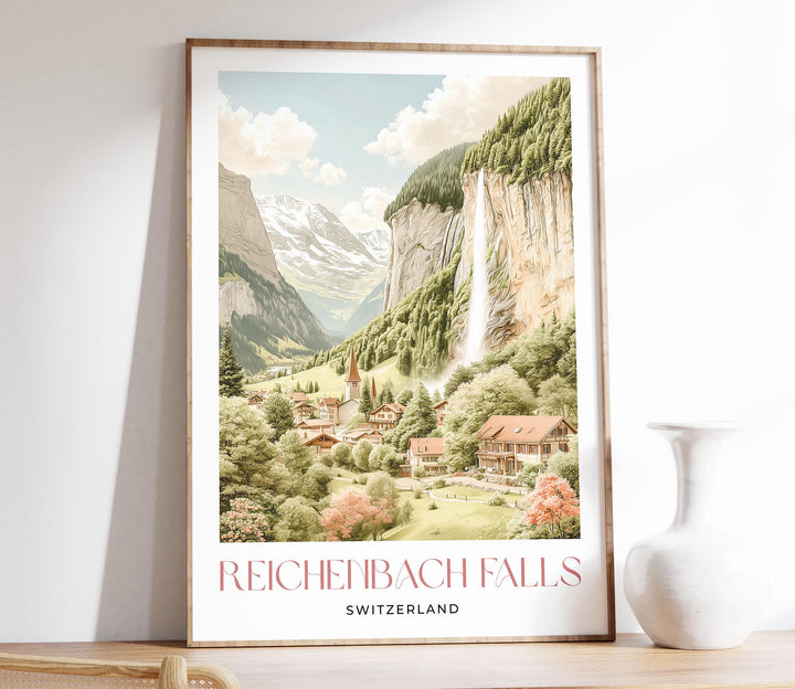 Reichenbach Falls Travel Print, Switzerland Poster, Sherlock Holmes Inspired Alpine Art Lovers Gift, Pastel Watercolour Wall Art