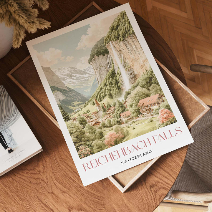 Reichenbach Falls Travel Print, Switzerland Poster, Sherlock Holmes Inspired Alpine Art Lovers Gift, Pastel Watercolour Wall Art