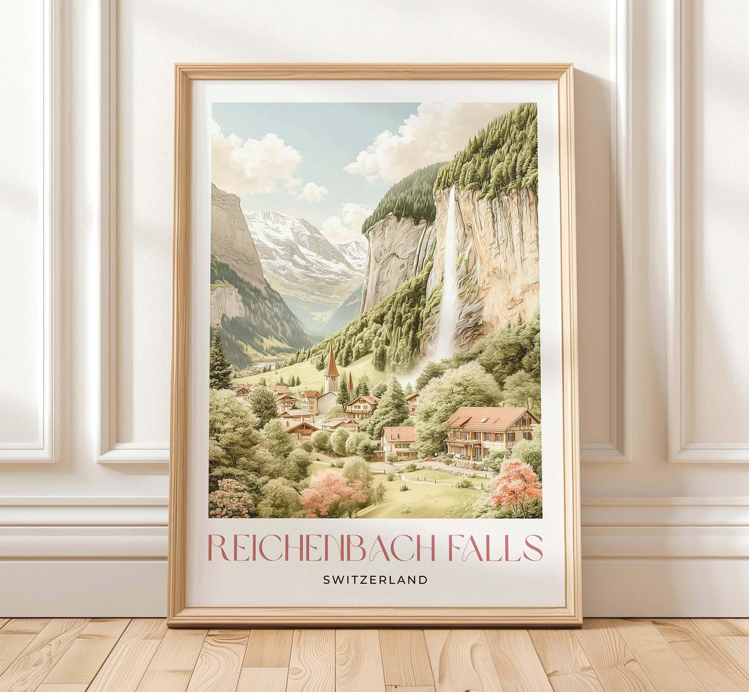 Reichenbach Falls Travel Print, Switzerland Poster, Sherlock Holmes Inspired Alpine Art Lovers Gift, Pastel Watercolour Wall Art
