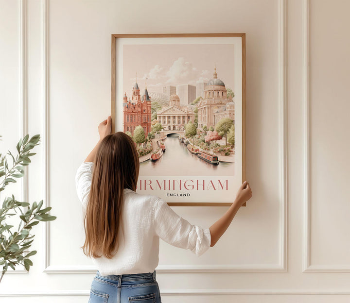 Birmingham City Travel Print, Pastel Watercolour Wall Art, UK City Poster, Library of Birmingham & Canal Illustration, Elegant Home Décor