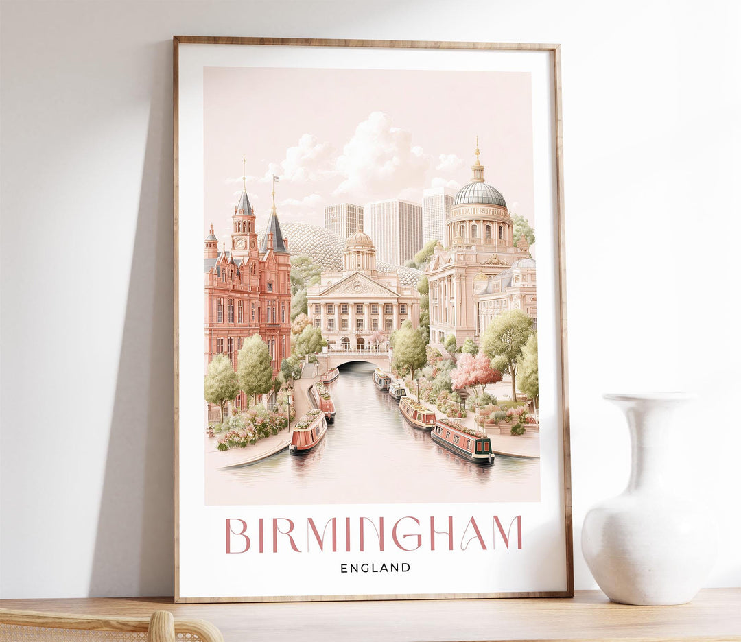 Birmingham City Travel Print, Pastel Watercolour Wall Art, UK City Poster, Library of Birmingham & Canal Illustration, Elegant Home Décor