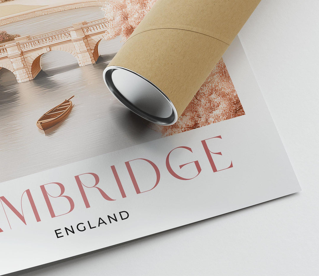 Cambridge Travel Print, Pastel Beige & Pink Watercolour Wall Art, UK City Poster, King’s College Chapel River Cam Illustration, Memory Gift