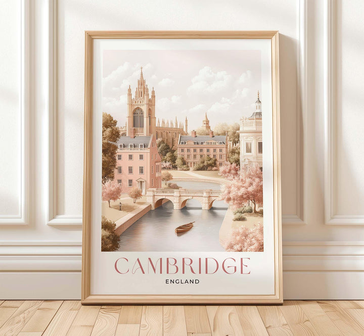 Cambridge Travel Print, Pastel Beige & Pink Watercolour Wall Art, UK City Poster, King’s College Chapel River Cam Illustration, Memory Gift