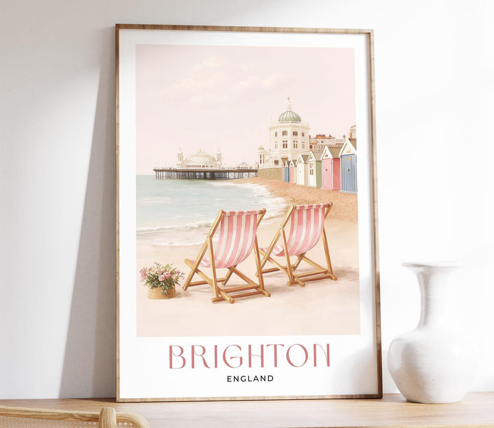 Brighton Pier Travel Art Print, Pastel Beige & Pink Watercolour UK Coastal Poster, England Seaside Illustration, Elegant Home Décor Wall Art