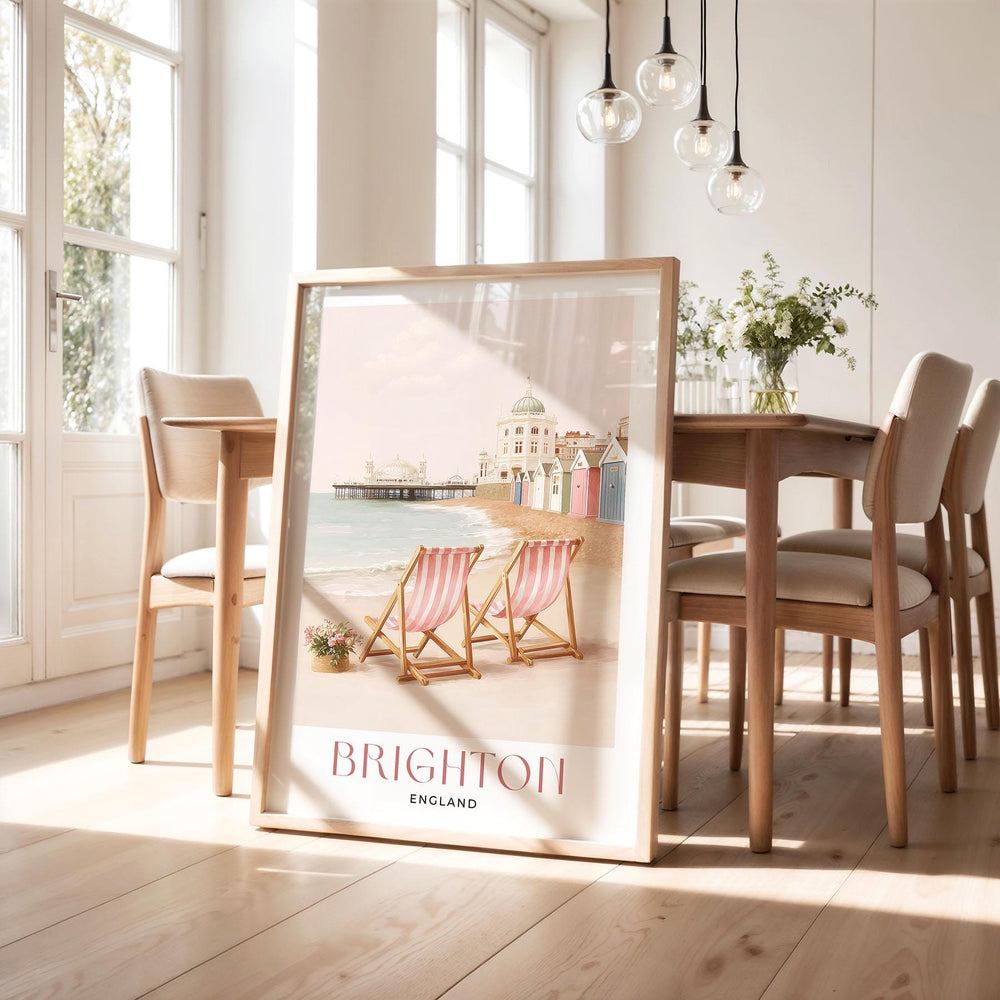 Brighton Pier Travel Art Print, Pastel Beige & Pink Watercolour UK Coastal Poster, England Seaside Illustration, Elegant Home Décor Wall Art