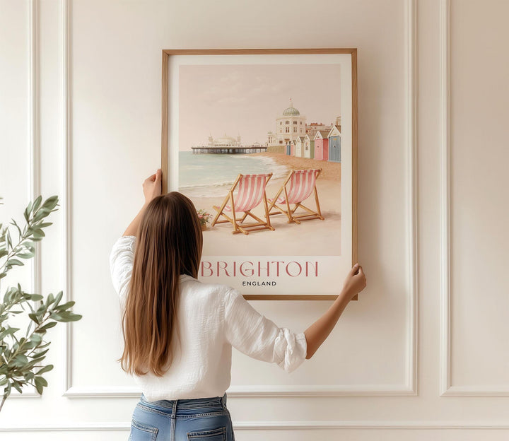 Brighton Pier Travel Art Print, Pastel Beige & Pink Watercolour UK Coastal Poster, England Seaside Illustration, Elegant Home Décor Wall Art