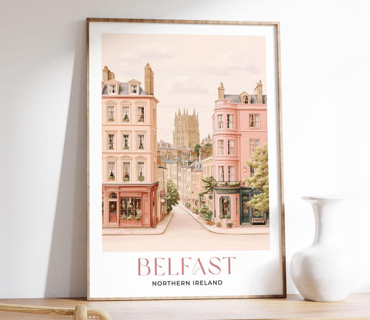Belfast Travel Print, Pastel Beige & Pink Watercolour Wall Art, Northern Ireland City Poster, Art Lovers Travel Memory Gift, UK Home Décor