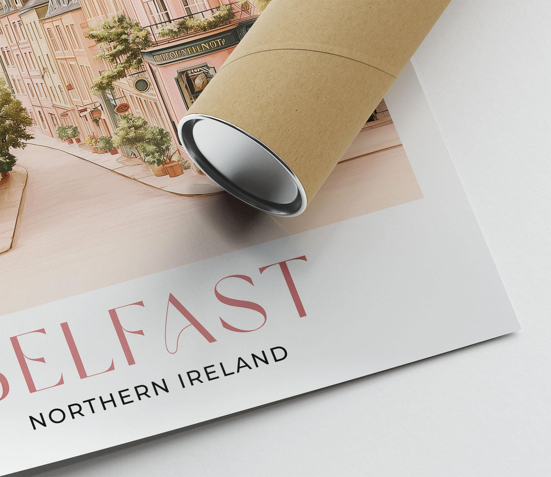 Belfast Travel Print, Pastel Beige & Pink Watercolour Wall Art, Northern Ireland City Poster, Art Lovers Travel Memory Gift, UK Home Décor