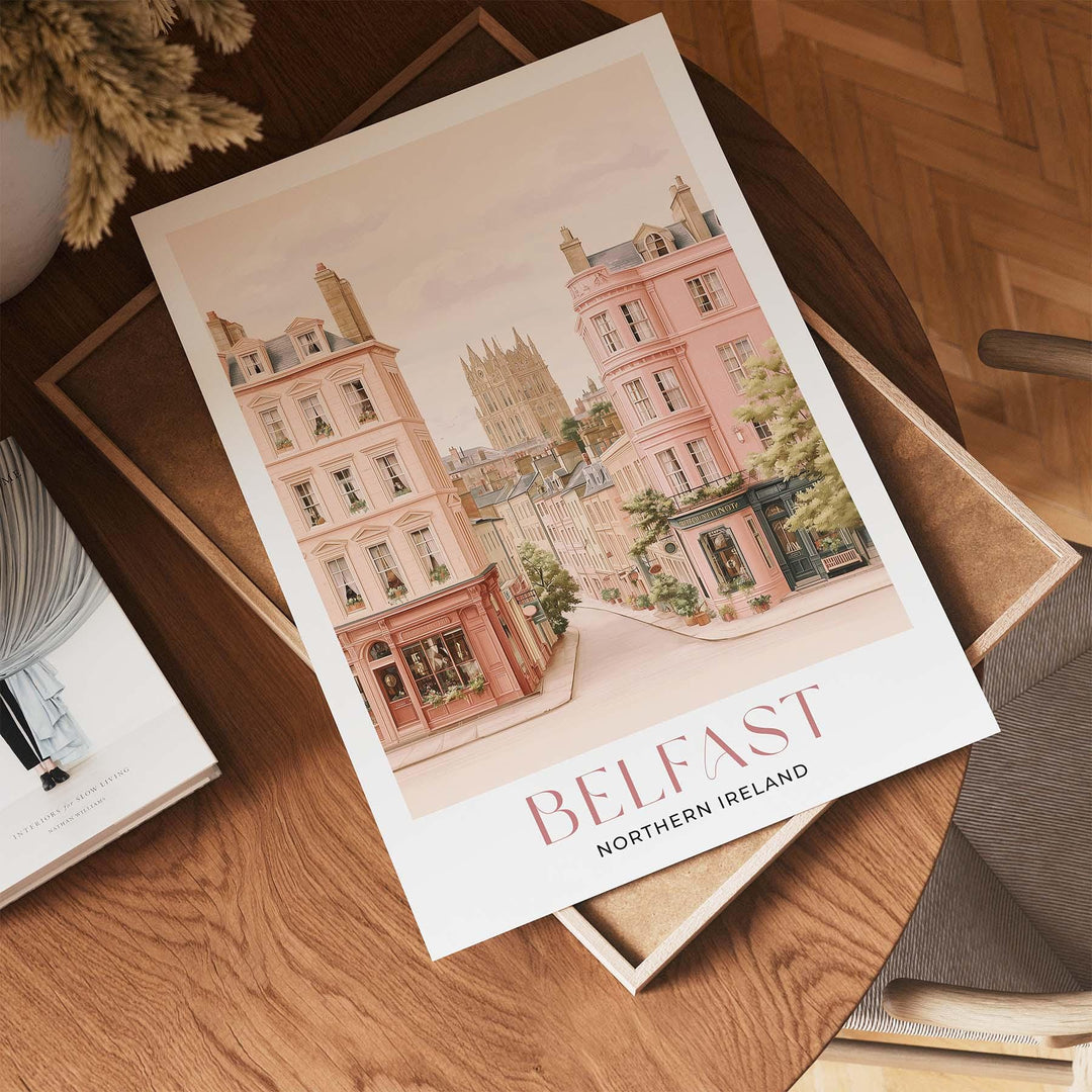 Belfast Travel Print, Pastel Beige & Pink Watercolour Wall Art, Northern Ireland City Poster, Art Lovers Travel Memory Gift, UK Home Décor