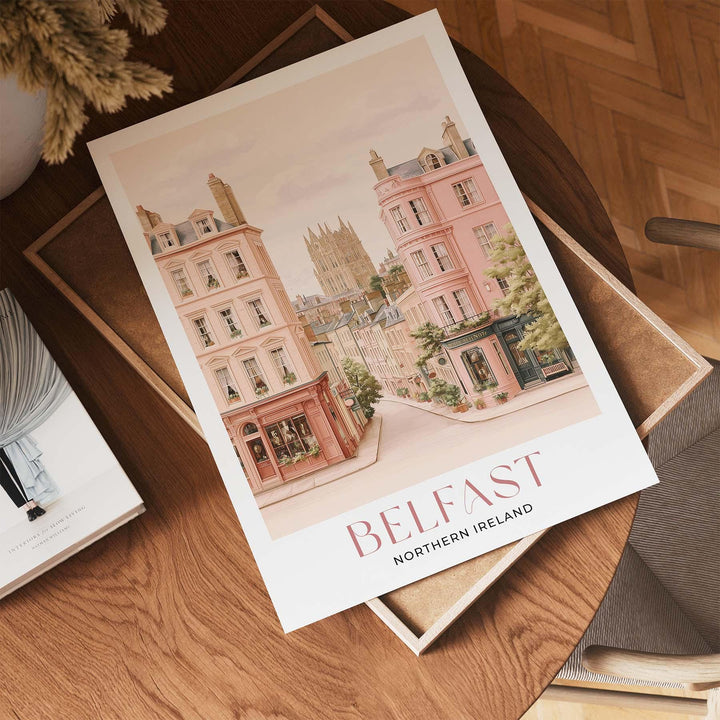 Belfast Travel Print, Pastel Beige & Pink Watercolour Wall Art, Northern Ireland City Poster, Art Lovers Travel Memory Gift, UK Home Décor