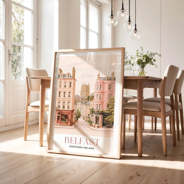 Belfast Travel Print, Pastel Beige & Pink Watercolour Wall Art, Northern Ireland City Poster, Art Lovers Travel Memory Gift, UK Home Décor