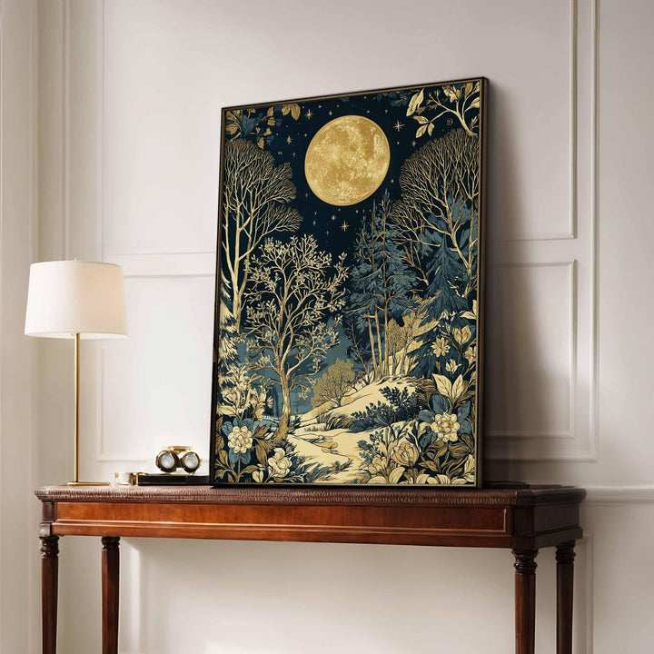 Moon & Stars Print, William Morris inspired Celestial Night Forest Botanical Wall Art, Dark Cottagecore Decor, Blue Gold Winter Scene Poster